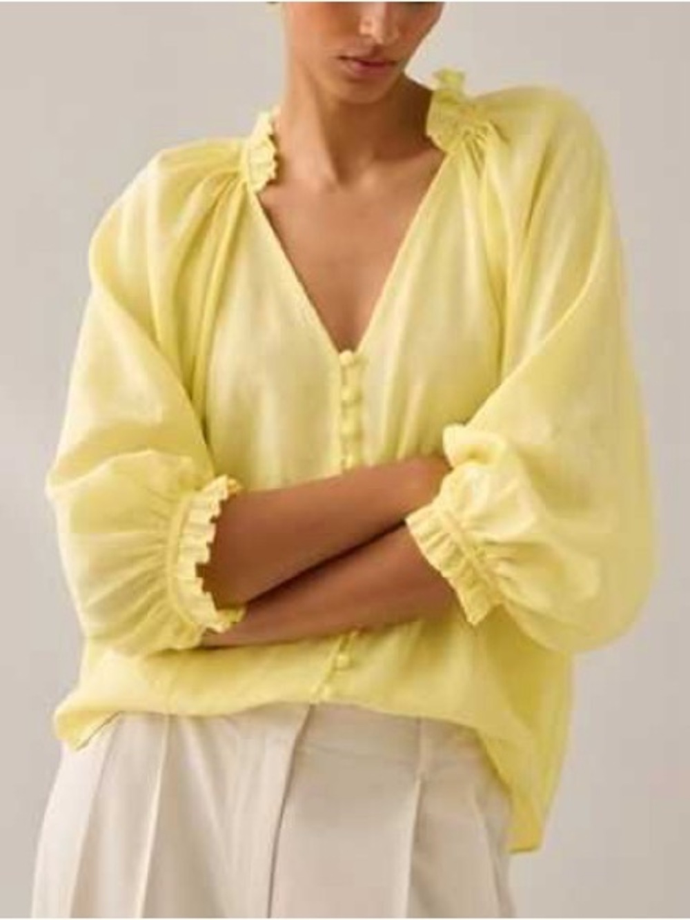 Anthropologie Pale Yellow Ruffle V-Neck Blouse